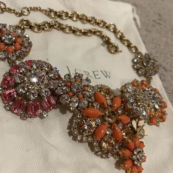 JCrew Lattice Statement Necklace Flowers and Rhinestones Gold Pink Peach - Picture 3 of 5